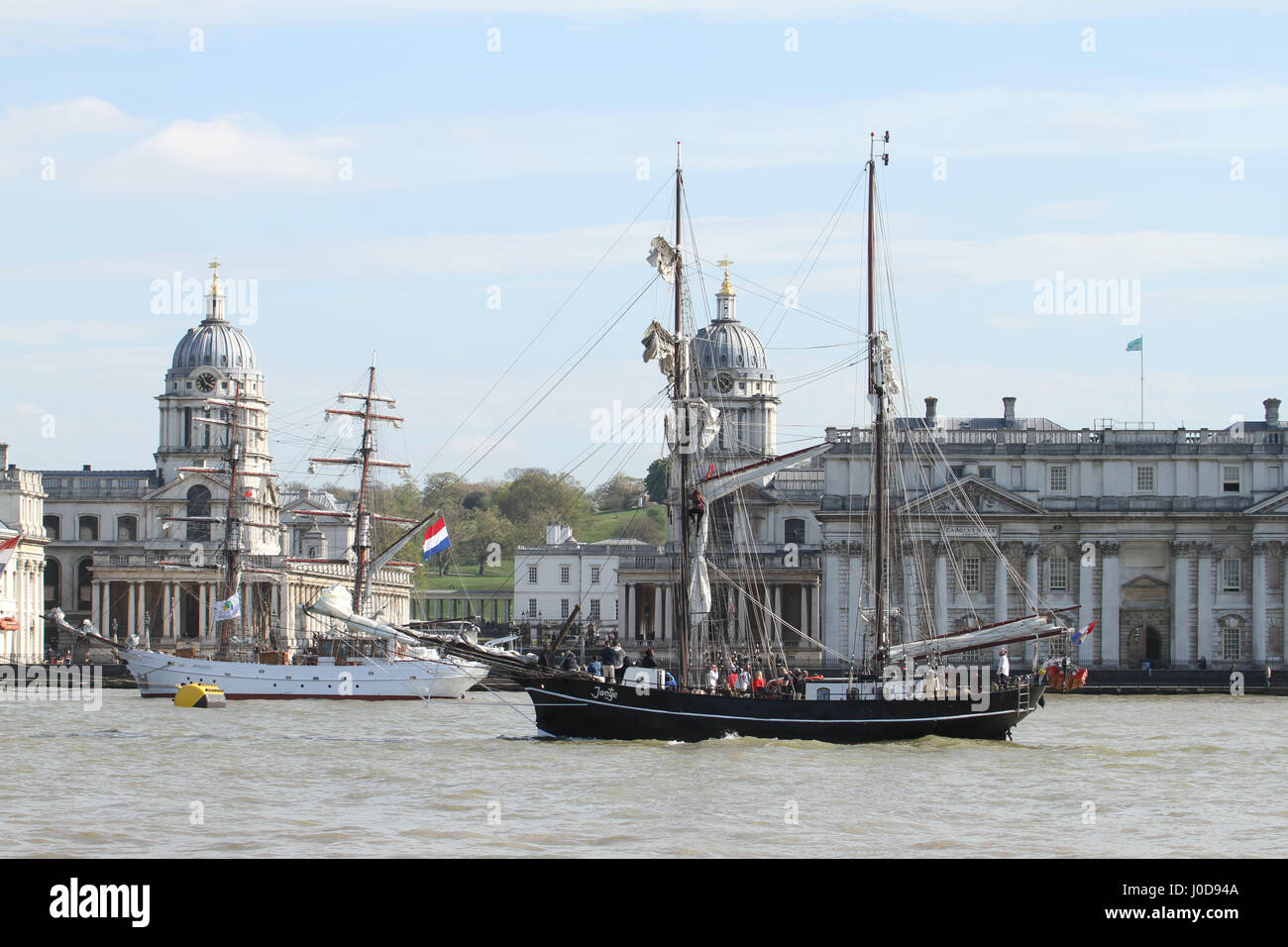 London, UK. 12th Apr, 2017. London, United Kingdom - April 12: The Jantye sails past the Maritime Greenwich UNESCO World Heritage Site ahead of the 2017 Tall Ships Regatta. Around 40 Tall Ships are scheduled to sail the river Thames to Greenwich, marking the 150th anniversary of the Canadian Confederation. Credit: David Mbiyu/Alamy Live News Stock Photo