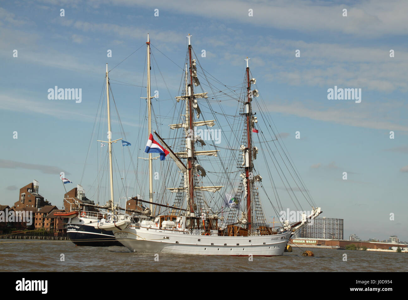 London, UK. 12th Apr, 2017. London, United Kingdom - April 12: Pedro Doncker and Aphrodite docked at Greenwich ahead of the 2017 Tall Ship Regatta. Over the Easter weekend, around 40 Tall Ships are scheduled to sail the river Thames to Greenwich, marking the 150th anniversary of the Canadian Confederation. The ships will be anchored at the Maritime Greenwich UNESCO World Heritage Site in Greenwich town centre, and at the Royal Arsenal Riverside in Woolwich before they sail to Quebec, Canada, via Portugal, Bermuda and Boston. Credit: David Mbiyu/Alamy Live News Stock Photo