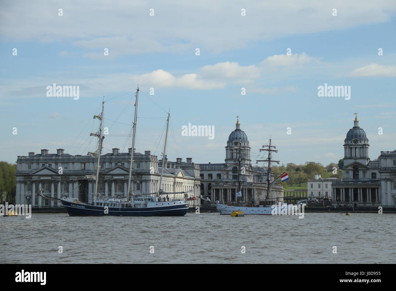London, UK. 12th Apr, 2017. London, United Kingdom - April​ ​12: Pedro Doncker and Aphrodite docked at Greenwich ahead of the 2017 Tall Ship Regatta. Over the Easter weekend, around 40 Tall Ships are scheduled to sail the river Thames to Greenwich, marking the 150th anniversary of the Canadian Confederation. Credit: David Mbiyu/Alamy Live News Stock Photo