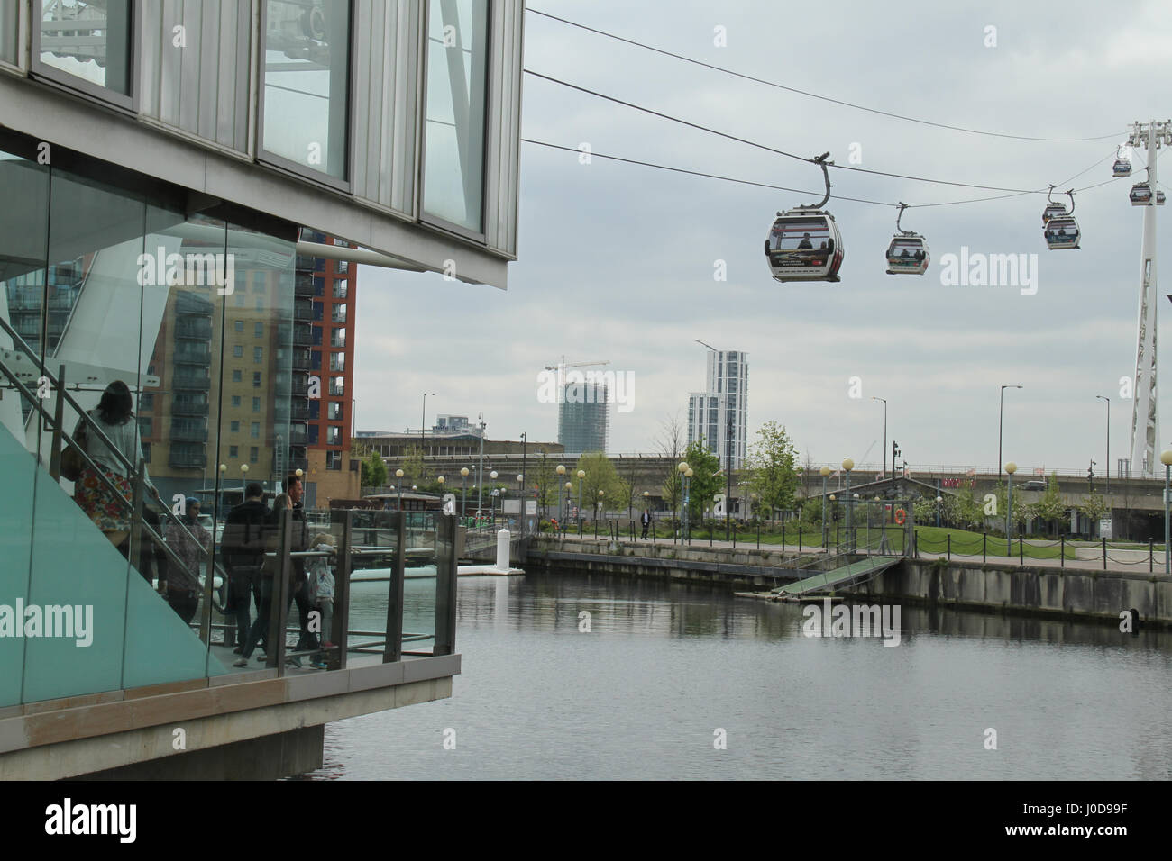 London, UK. 12th Apr, 2017. London, United Kingdom - April 12: People preppare to board the Emirates Air Line (Cable car) at the Royal Docks Terminal. The pods crosses the River Thames between Greenwich Peninsula and the Royal Docks in approximately 10 minutes each way. Credit: David Mbiyu/Alamy Live News Stock Photo