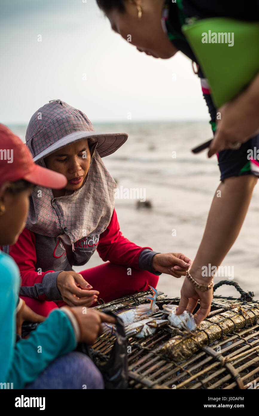 Local people on the crab market in the Kep, Cambodia, Asia. Stock Photo
