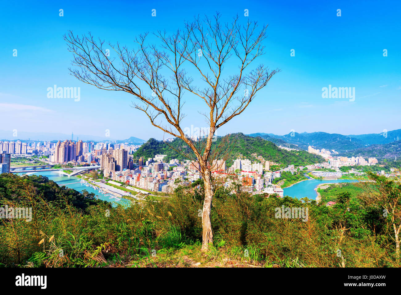 Scenic view from a Mountain peak in Taipei with city buildings in the background Stock Photo