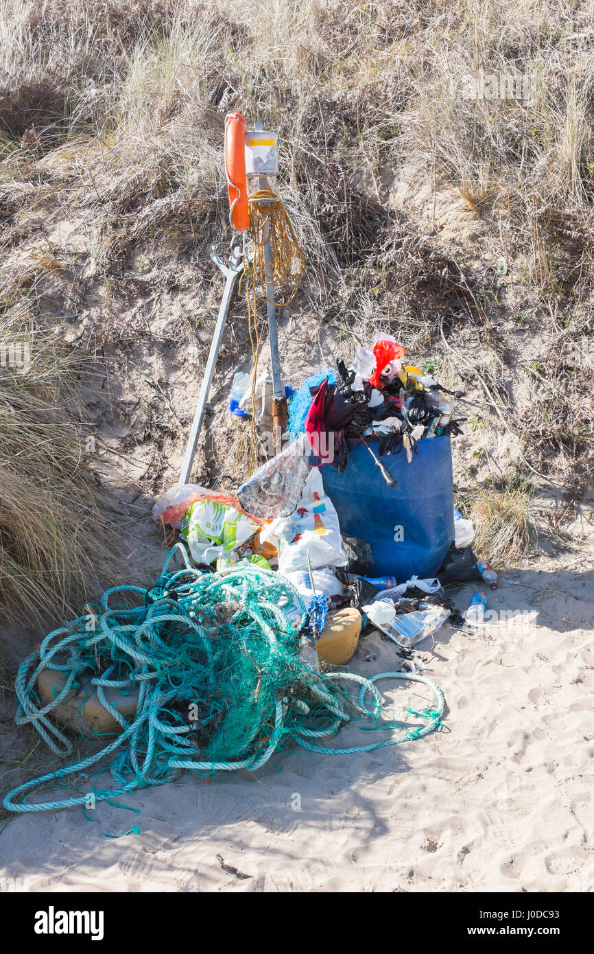 Pile of rubbish collected on Barafundle Bay Beach in Pembrokeshire