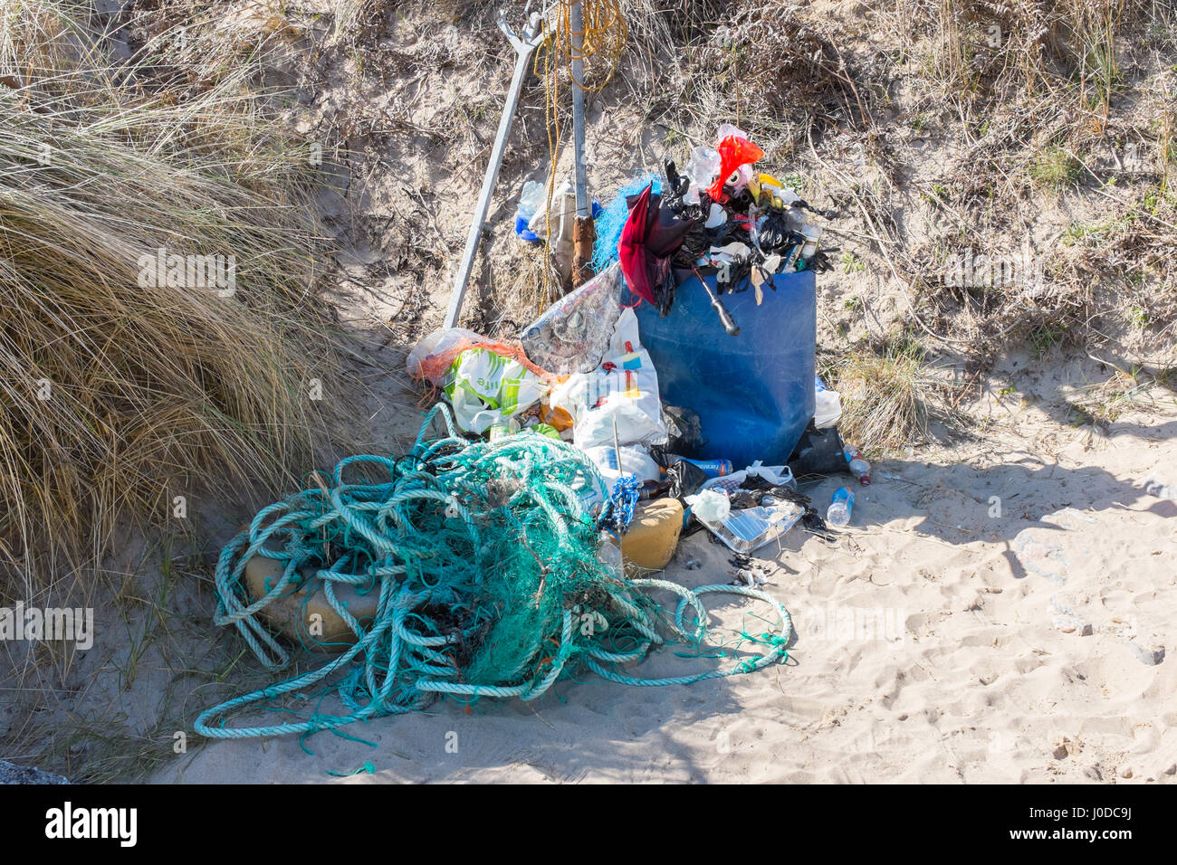 Pile of rubbish collected on Barafundle Bay Beach in Pembrokeshire