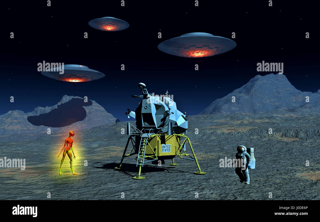 Conspiracy Theorists State That The Crew Of Apollo 11 , Encountered UFOs & Aliens While On The Lunar Mission. Stock Photo