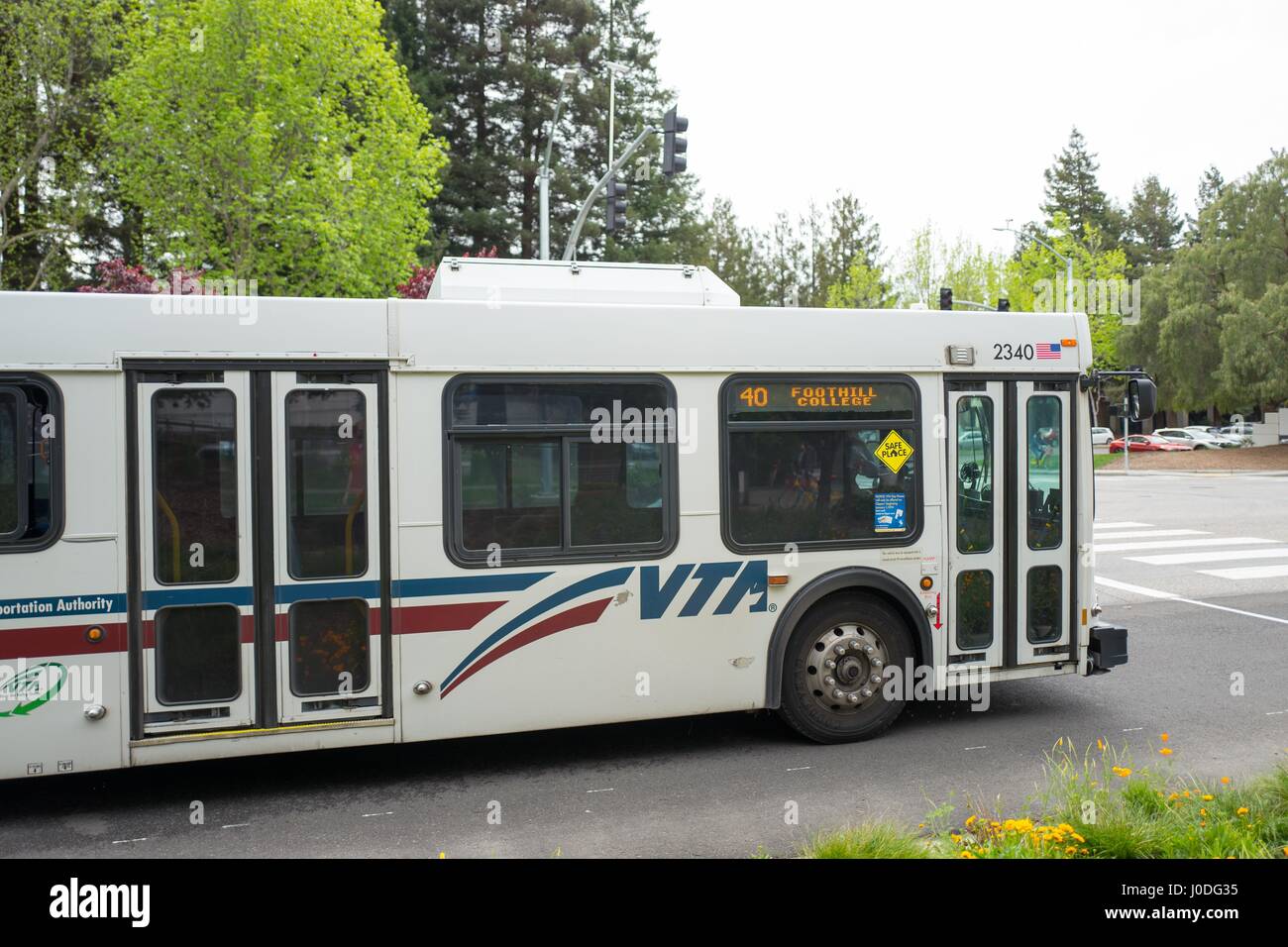 Valley Transportation Authority (VTA) bus at the Googleplex, the Silicon Valley headquarters of search engine and technology company Google Inc, Mountain View, California, April 7, 2017. VTA is the main public transit agency for Silicon Valley. Stock Photo