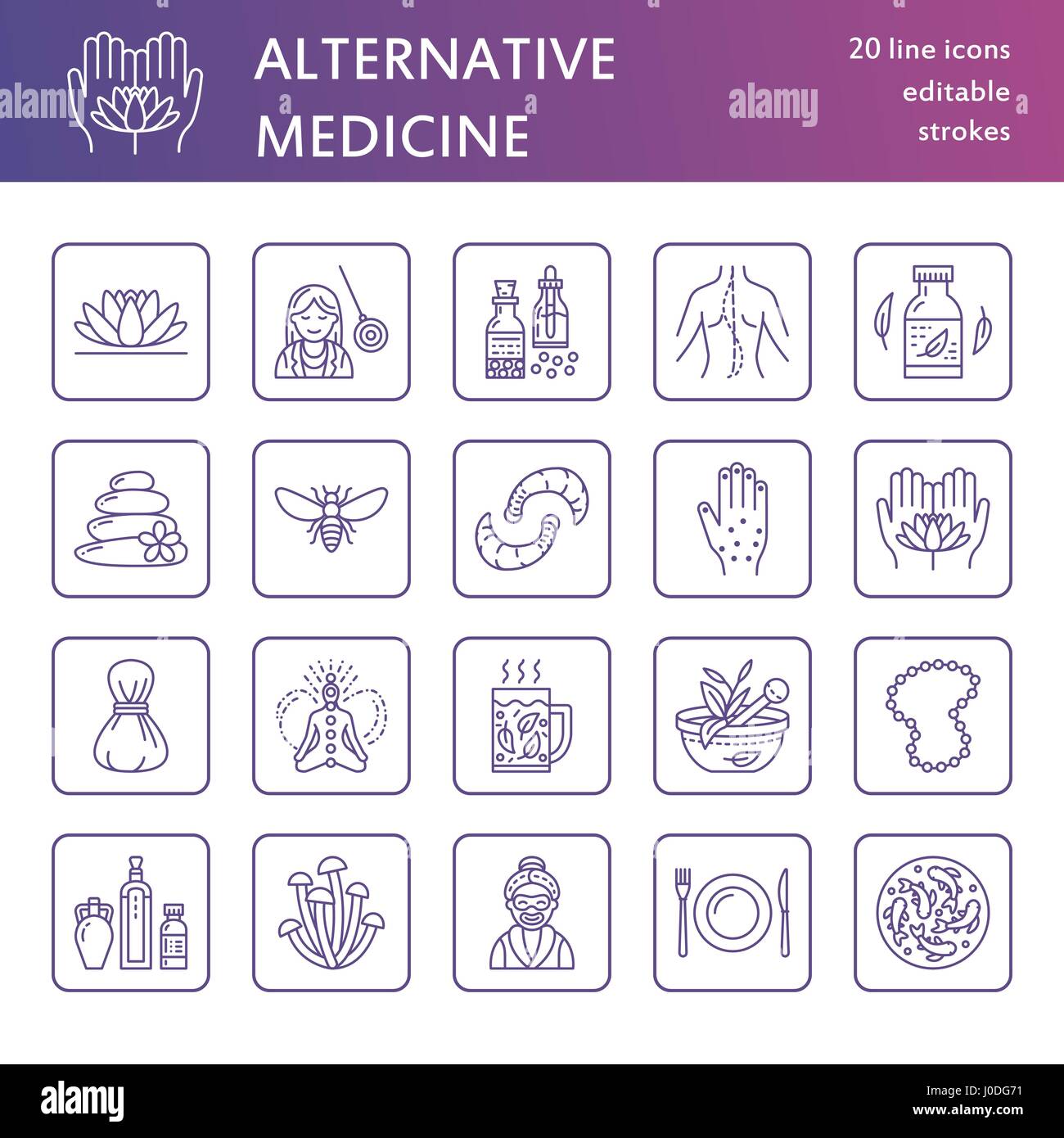 Alternative medicine line icons. Naturopathy, traditional treatment, homeopathy, osteopathy, herbal fish and leech therapy. Thin linear signs for heal Stock Vector