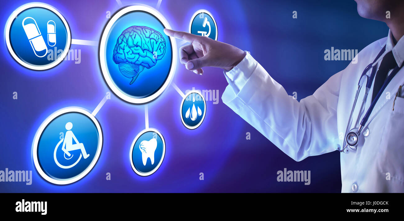 Doctor hand pushing button on virtual screen. Medical technology concept Stock Photo