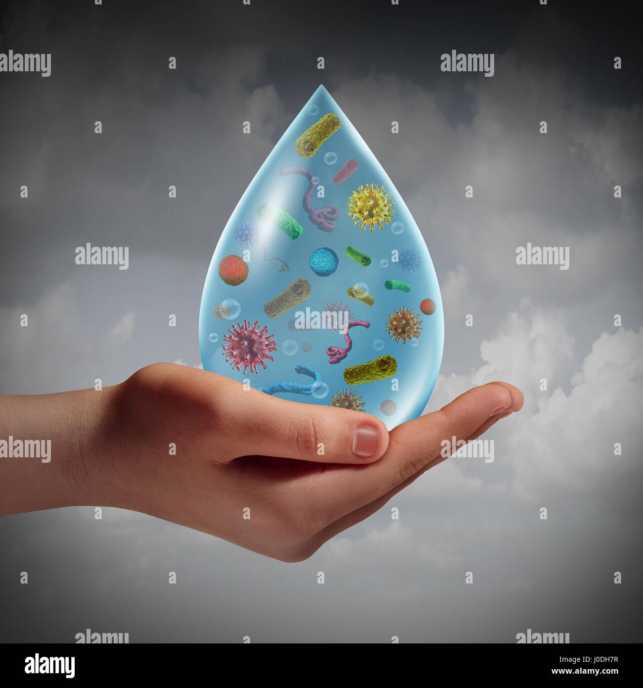 Infected water and waterborne disease risk as a human hand holding a
