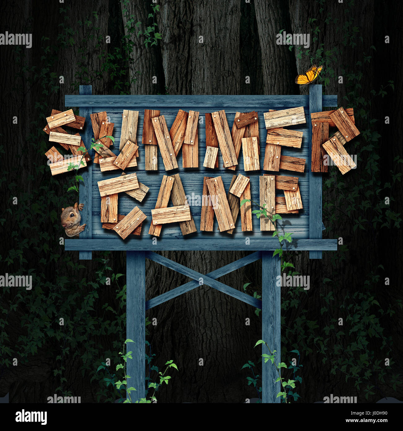 Summer camp nature sign text made of rustic wood in a forest with animals as a summertime school break . Stock Photo
