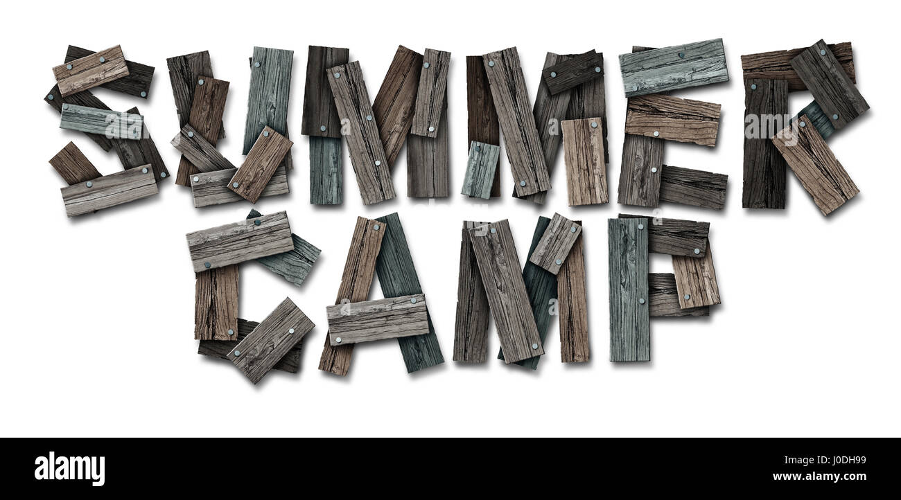 Summer camp icon text made of nailed rustic wood as a summertime school break and educational activity symbol or recreational child . Stock Photo