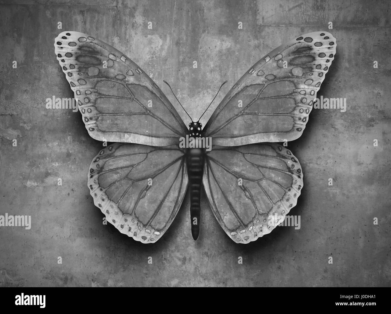 Blending in concept or conforming to surroundings and adapting to new environment as a butterfly on a wall with camouflage texture to hide . Stock Photo