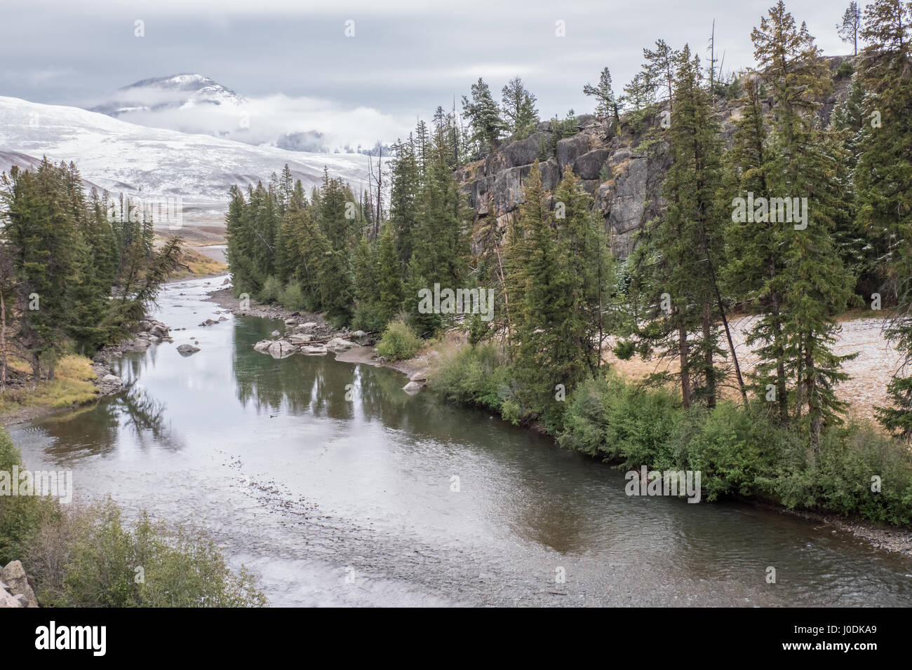 Lamar River after an early Autumn snowstorm in Yellowstone National Park, Wyoming, USA Stock Photo