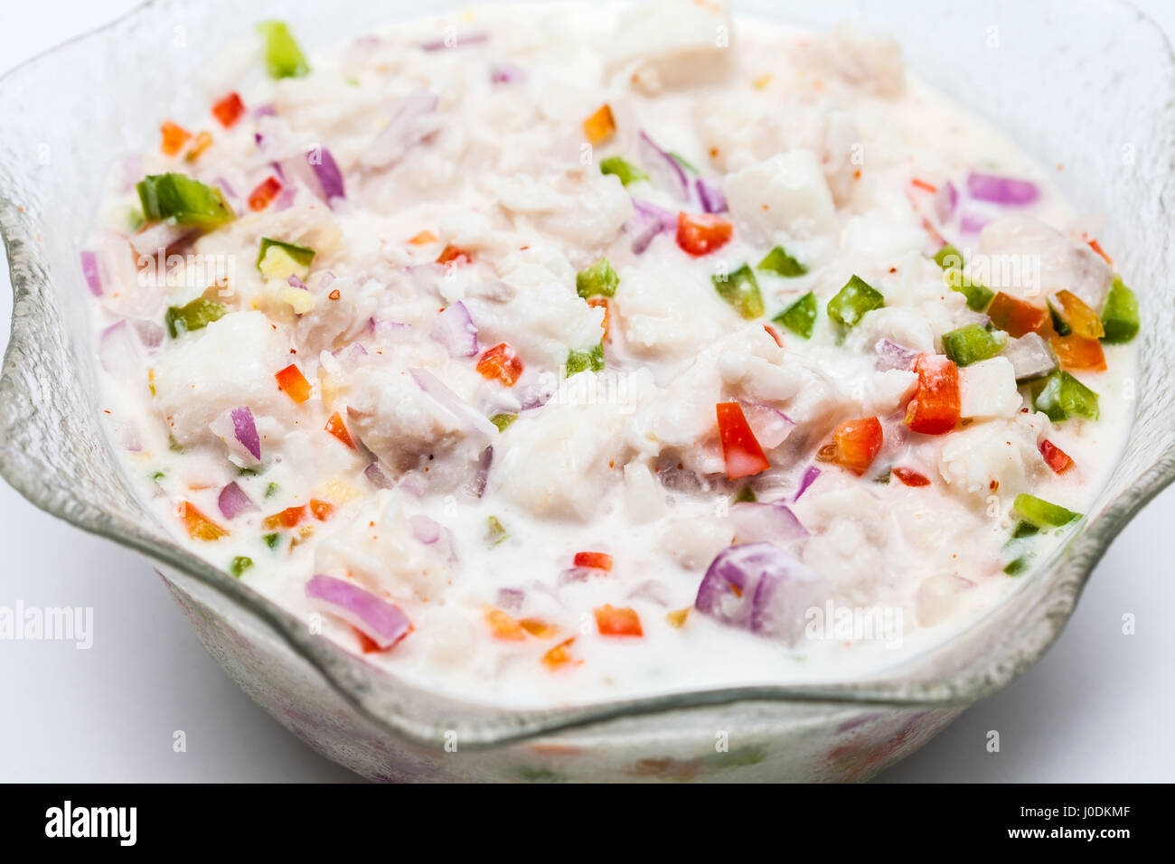 Peruvian ceviche preparation : White fish Peruvian ceviche in a