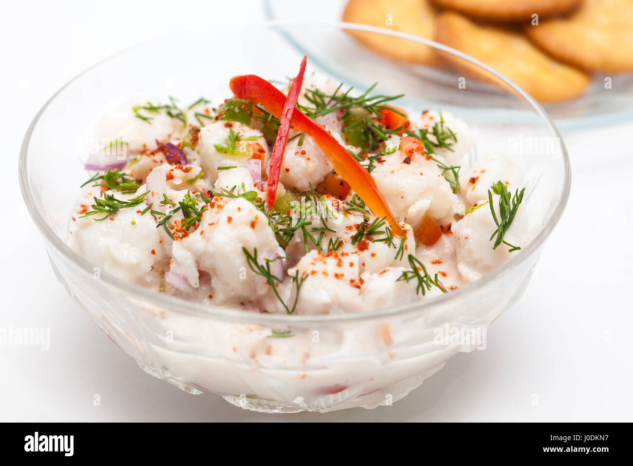 Peruvian ceviche preparation : White fish Peruvian ceviche served in a