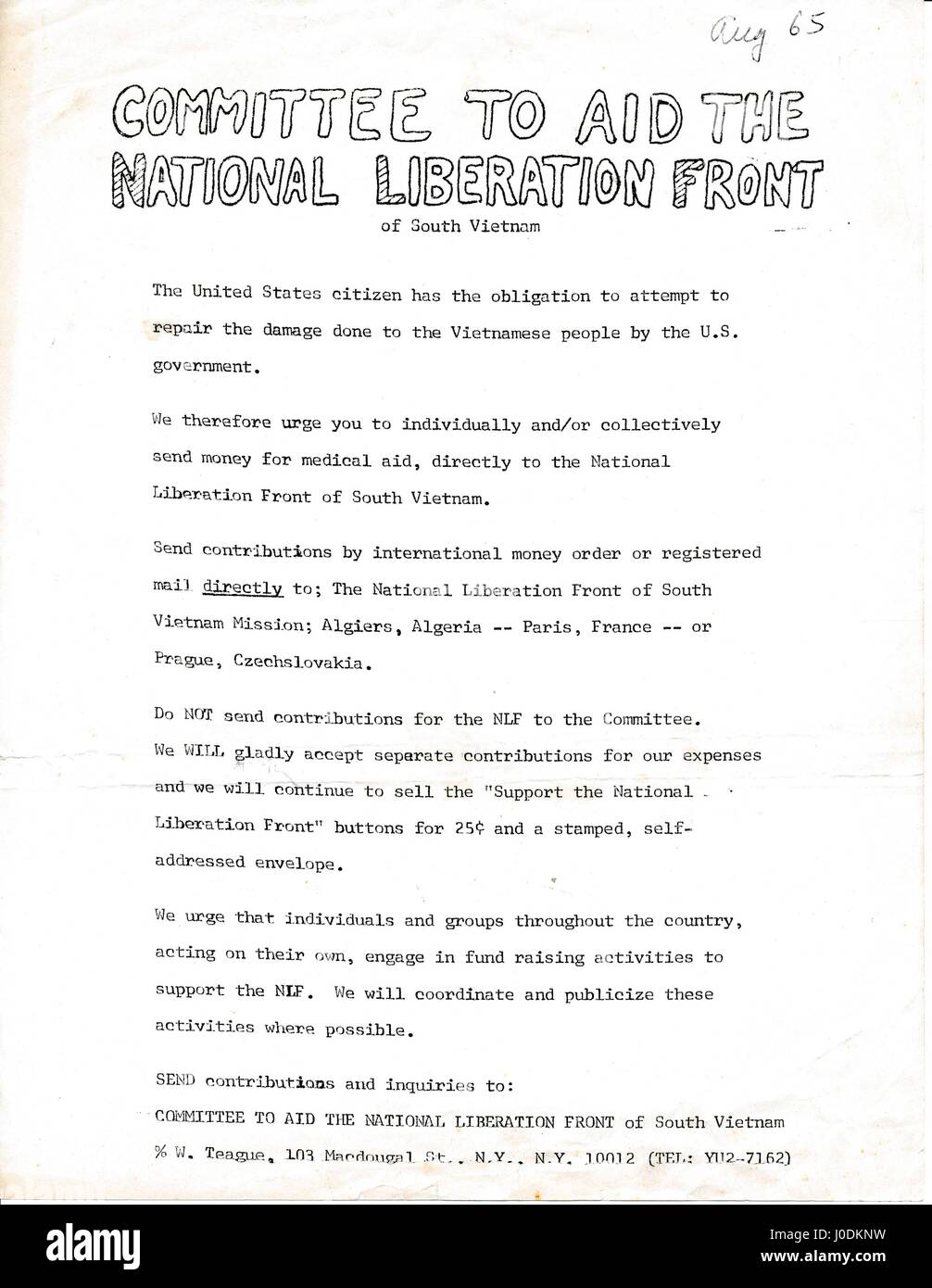 A Vietnam War era leaflet from the Committee to Aid the National Liberation Front of South Vietnam advocating that citizens donate money directly to the NLF and featuring contact information for the committee itself in New York, NY, 1967. Stock Photo