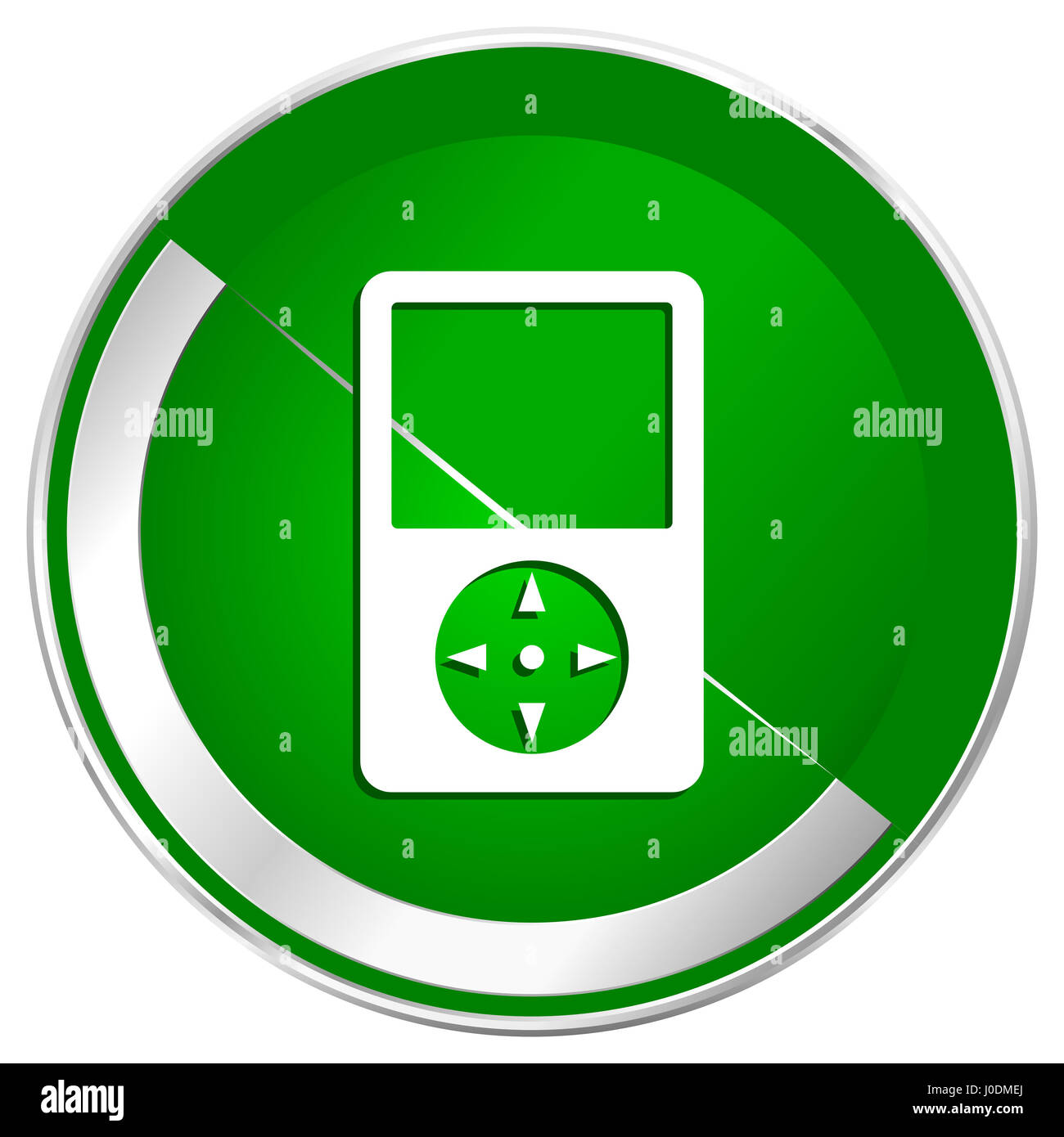 Multimedia player silver metallic border green web icon for mobile apps and internet. Stock Photo