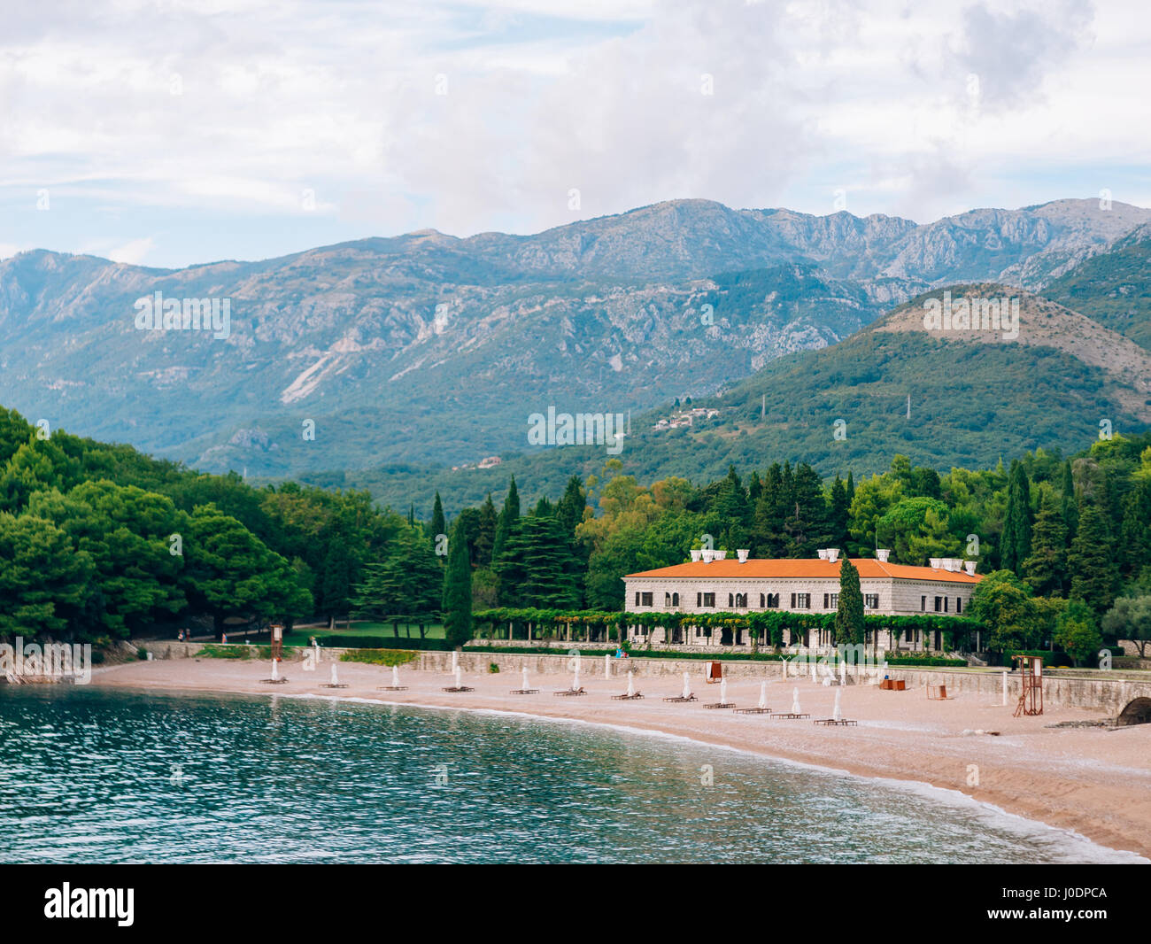 The park Milocer, Villa, beach Queen. Near the island of Sveti Stefan in Montenegro. Stock Photo