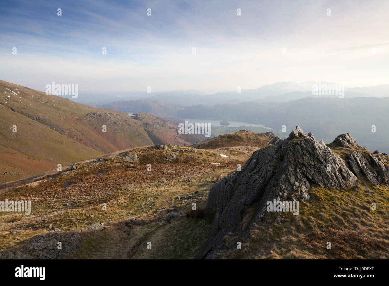 Alcock Tarn and Grasmere lake from Stone Arthur in the Lake District Stock Photo