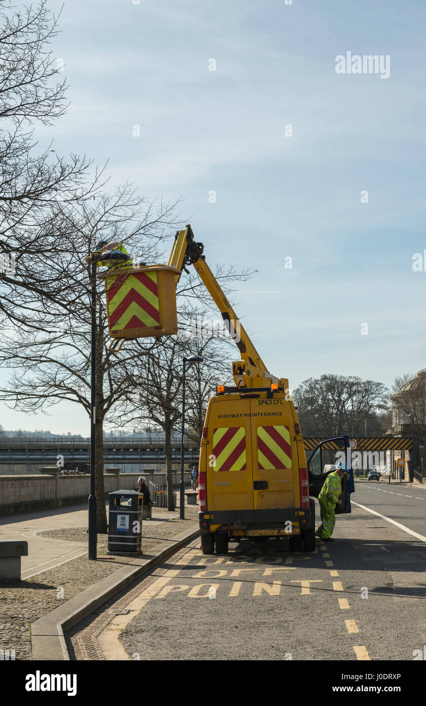 Workers carry out street lighting maintenance,Tay Street, Perth,Scotland, United Kingdom Stock Photo
