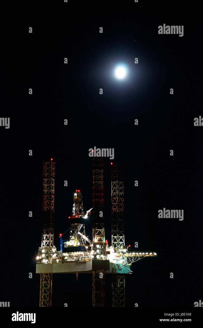 Oil Rig Platform at Night Stock Photo