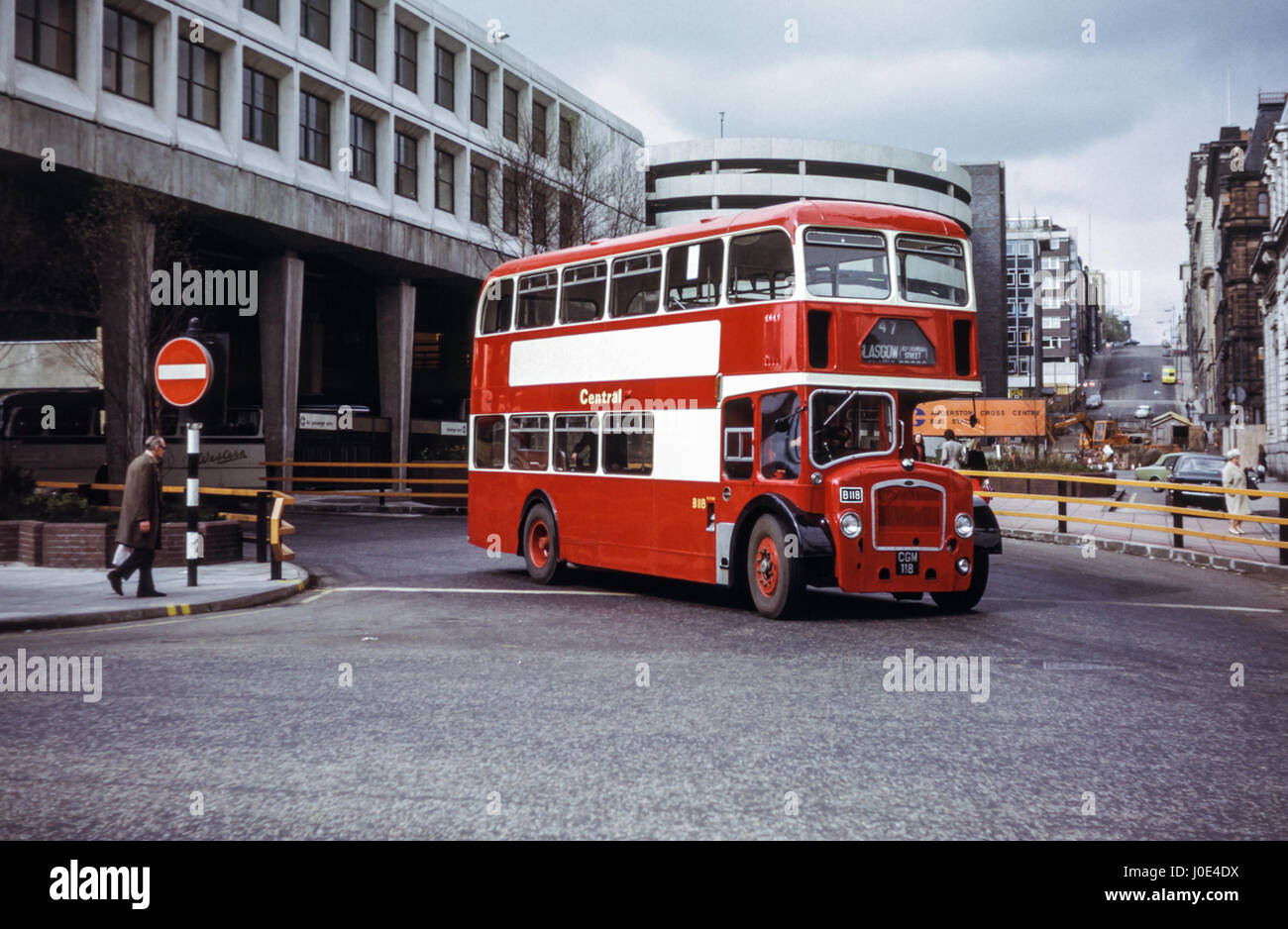 Scotland, UK - 1973: Vintage image of bus in central Glasgow.  Central SMT Bristol Lodekka FSF6G/ECW B118 (registration number CGM 118). Stock Photo