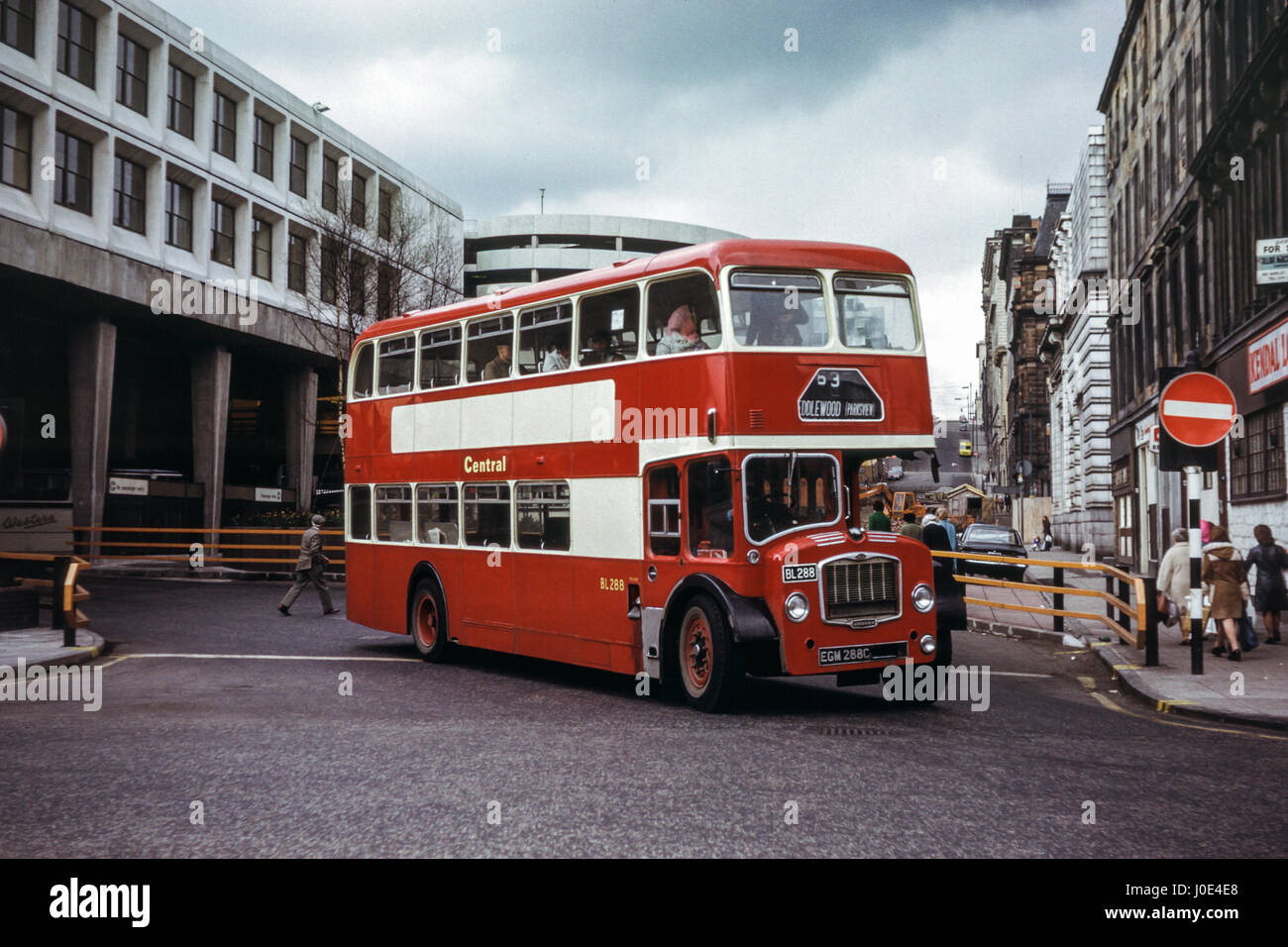 Scotland, UK - 1973: Vintage image of bus in central Glasgow.  Central SMT Bristol Lodekka FLF6G/ECW BL288  (registration number EGM 288C). Stock Photo