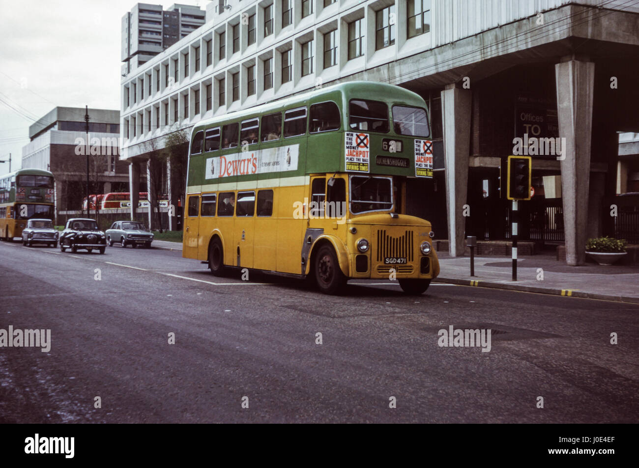 Scotland, UK - 1973: Vintage image of bus in central Glasgow.   Glasgow Corporation Leyland PD3/2  L469 (registration number SGD 471). Stock Photo