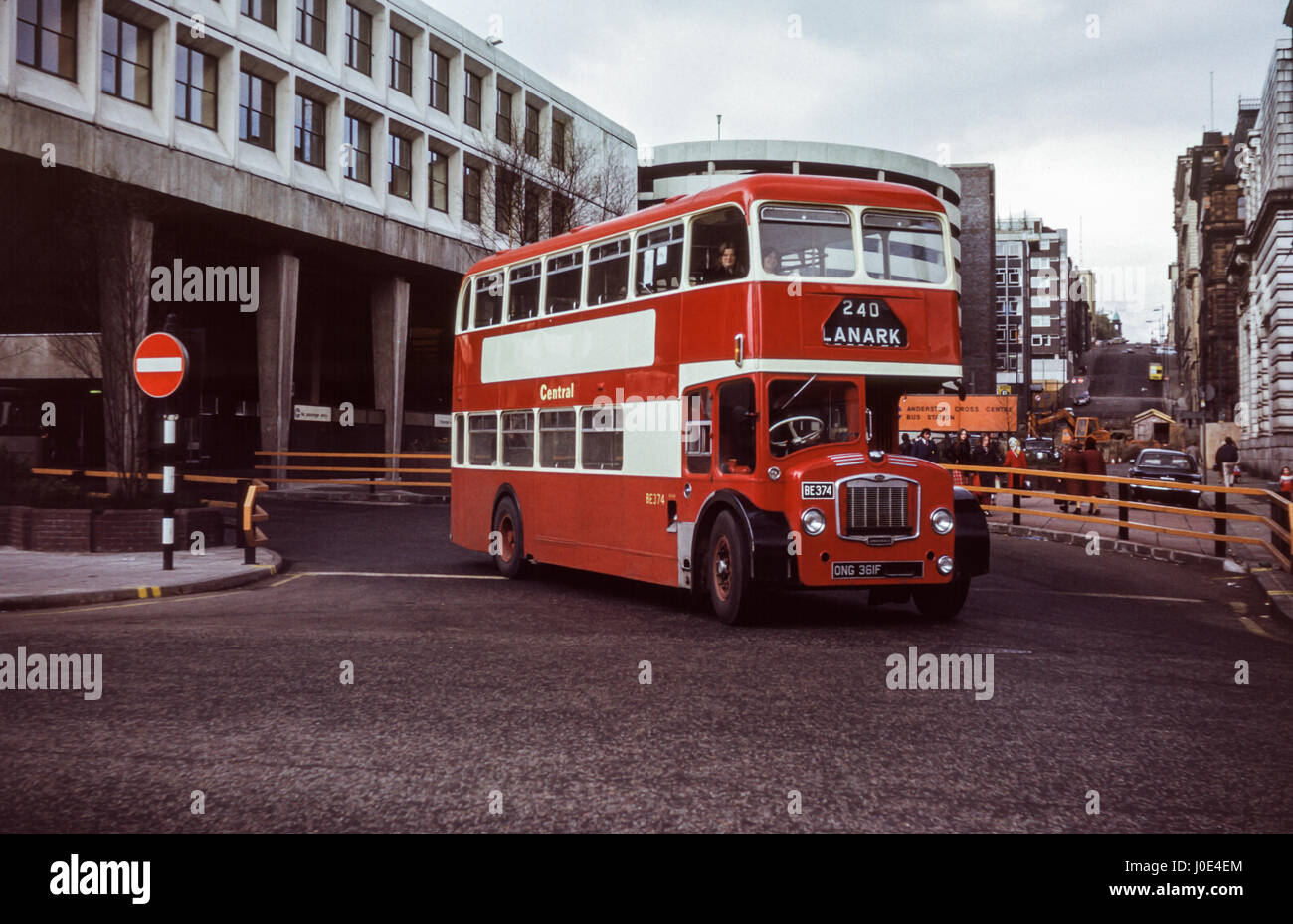 Scotland, UK - 1973: Vintage image of bus in central Glasgow.   Central SMT ex Eastern Counties Bristol Lodekka FLF6G/ECW BE374 (registration number ONG 361F) Stock Photo