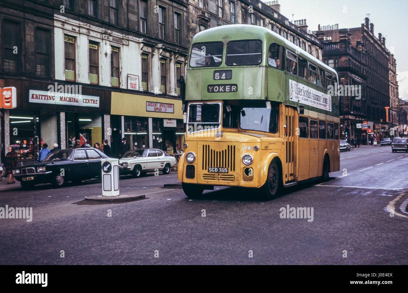 Scotland, UK - 1973: Vintage image of bus in central Glasgow.  Glasgow Corporation Leyland PD3/2 CT L363 (registration number SGD 365). Stock Photo