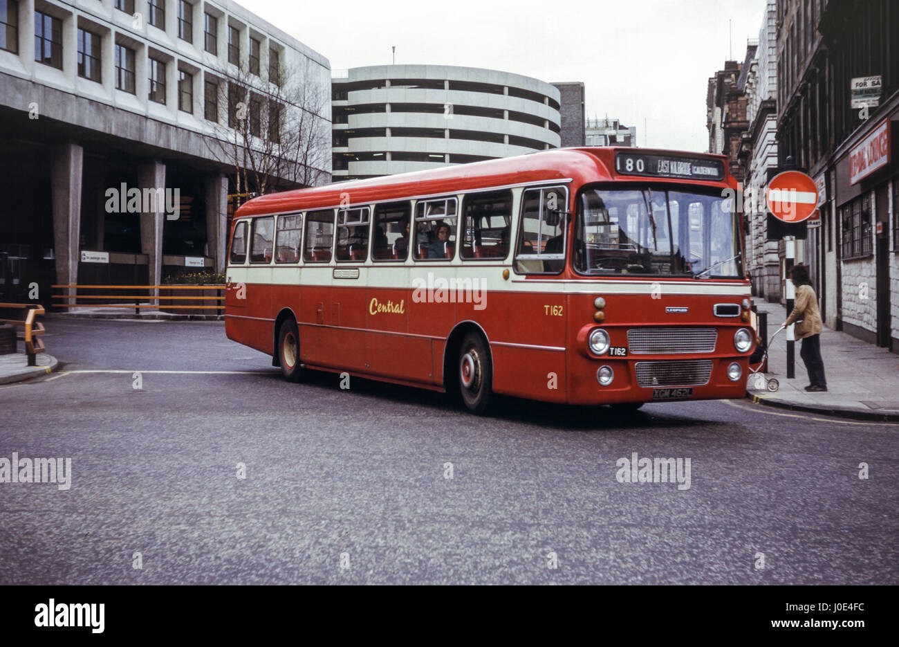 Scotland, UK - 1973: Vintage image of bus in central Glasgow.  Central SMT Leyland PSU3/3R chassis with Alexander AYS B53F body T162 (registration number XGM 462L). Stock Photo