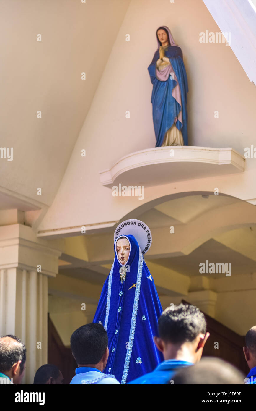 Tuan Ma (Mother Mary) statue brought into the Roman Catholic Cathedral during Holy Week procession in Larantuka, Indonesia. Stock Photo