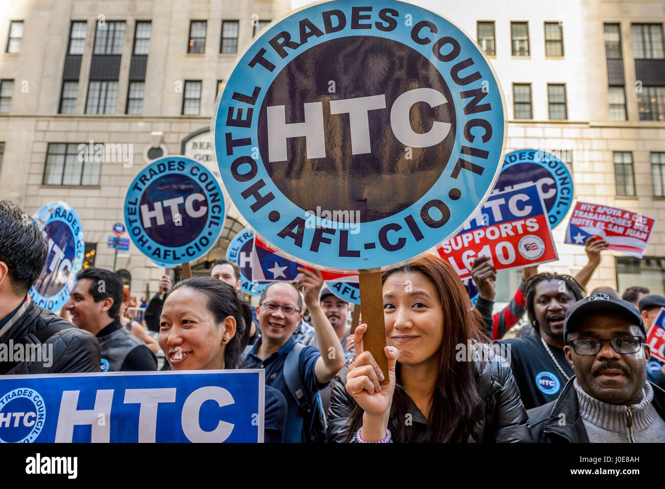 New York, New York, USA. 11th Apr, 2017. Workers from the New York Hotel & Motel Trades Council organized a protest on April 11th, 2017; against Fundamental Financial Advisors, an owner of the El San Juan Hotel, for the mistreatment and exploitation of hotel workers in Puerto Rico. On Monday, Fundamental Financial Advisors, an American hedge fund playing a role on the Puerto Rican debt crisis, started replacing long-time female employees with younger women - and refusing to negotiate a fair labor contract. Credit: PACIFIC PRESS/Alamy Live News Stock Photo