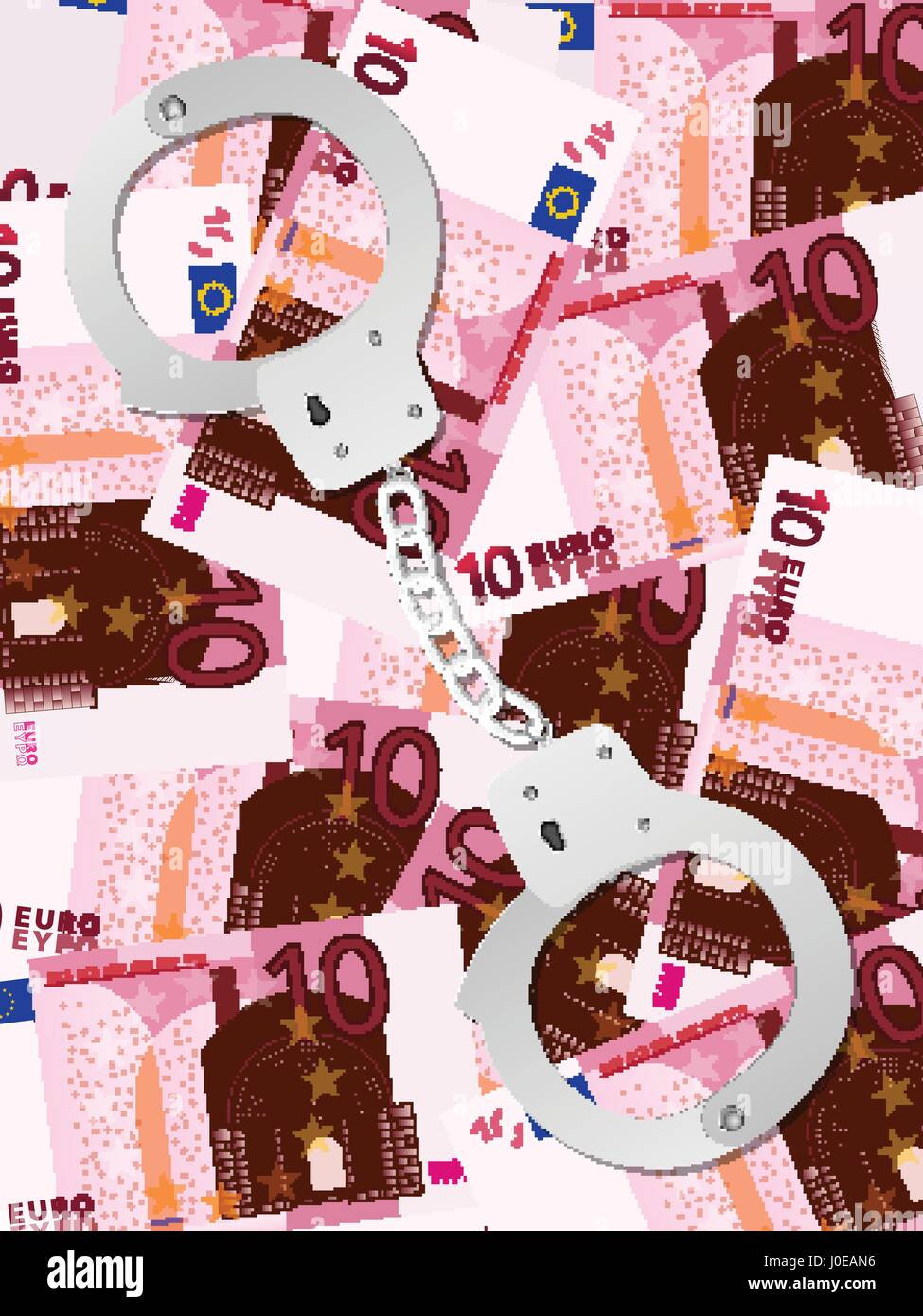 Handcuffs on ten euros background. Vector illustration. Stock Vector