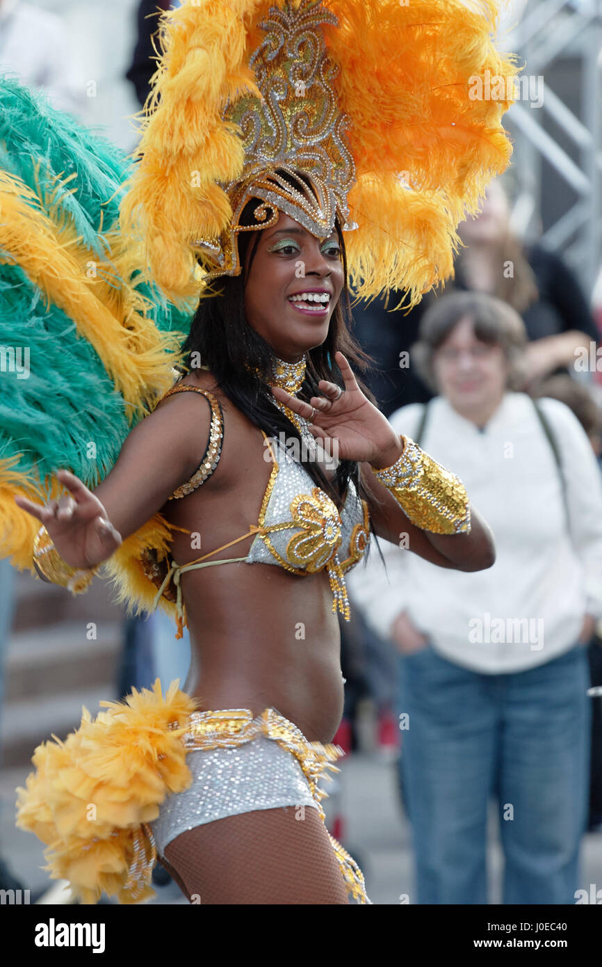 Caribbean dancer gives a street performance at Plaza St-Hubert in Montreal Stock Photo