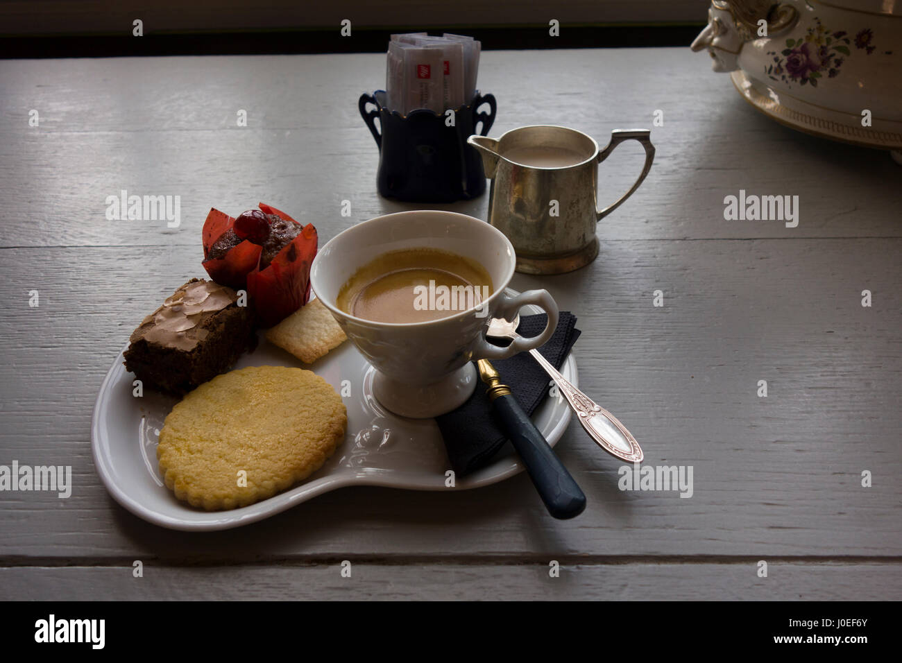 A French 'café gourmand' served in Normandy, France Stock Photo