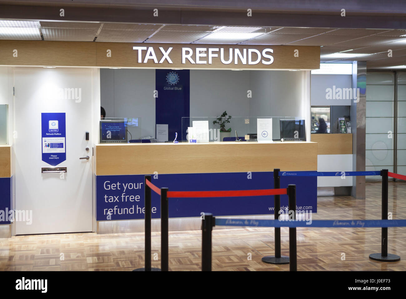 VANTAA, HELSINKI, FINLAND — CIRCA DEC, 2015: Empty tax free refunds information stand is in airport. The travellers request a refund when leaving the  Stock Photo