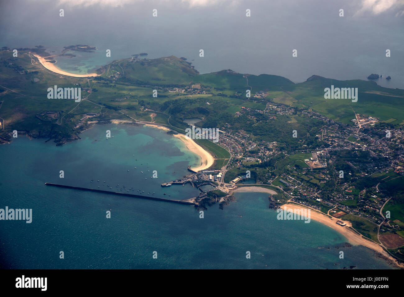 Alderney in the Channel Islands is a British Crown dependency. It is 3 miles long and 1 ¹⁄₂ miles wide. It is the third largest island Stock Photo