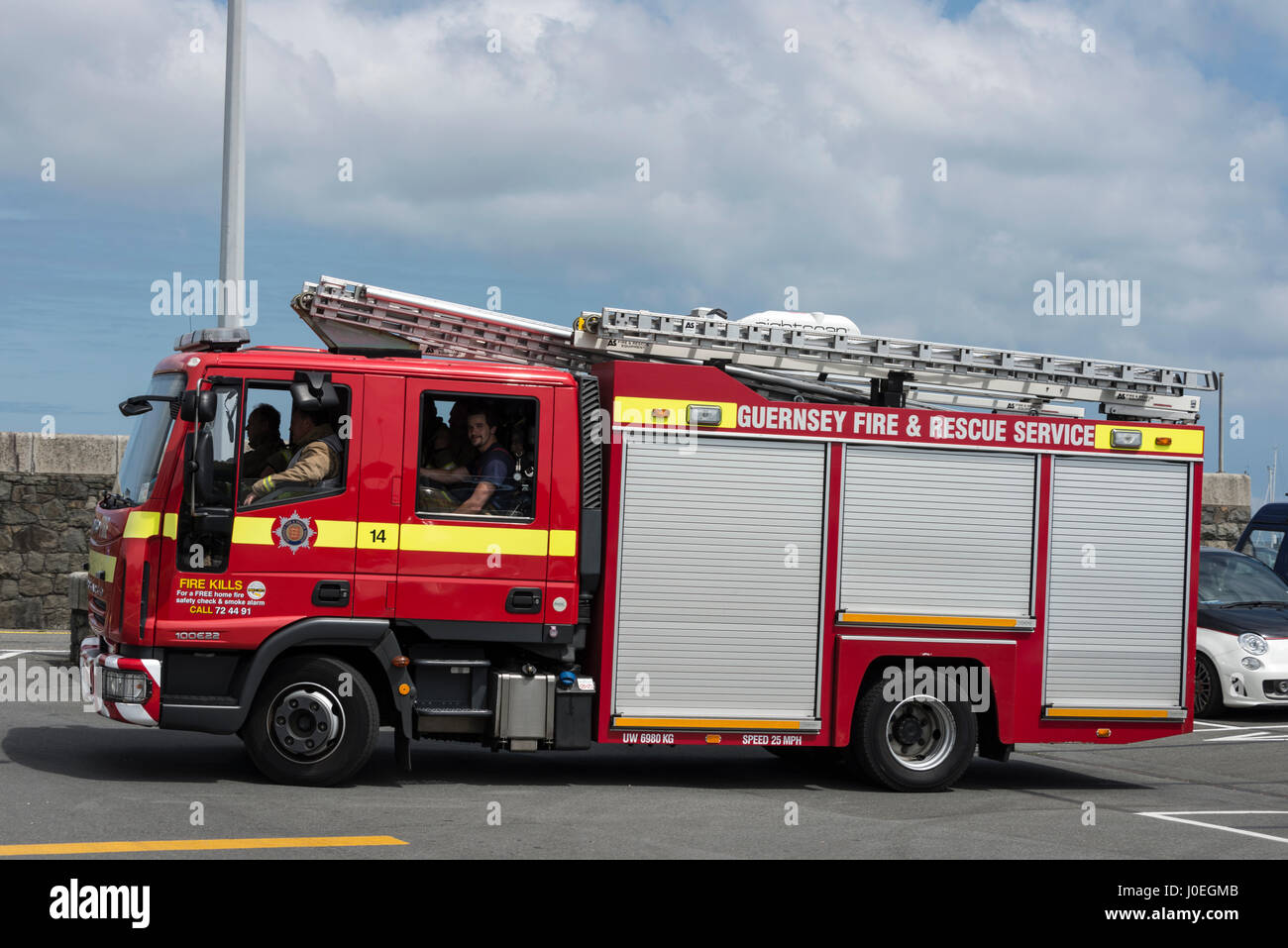 A fire appliance of the Guernsey Fire & Rescue Service with fire crew in Guernsey, Channel