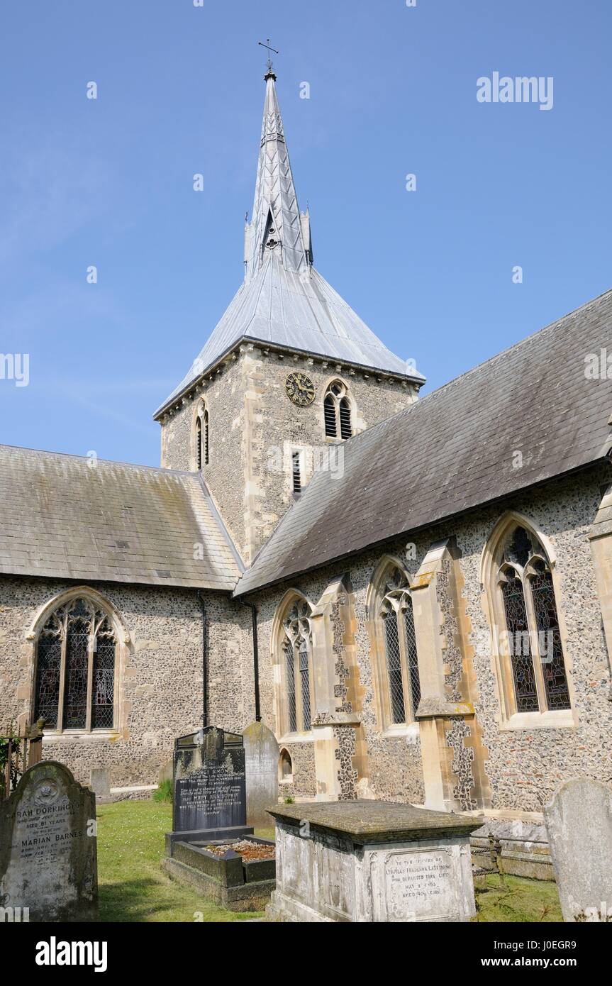 St Helens Church Wheathampstead, Hertfordshire. The Broach spire, with lead strips in a herringbone pattern, Stock Photo