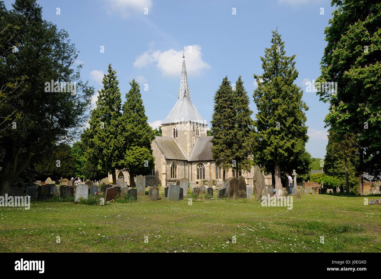 St Helens Church, Wheathampstead, Hertfordshire, stands at the centre of the village in an unusually  large churchyard. Stock Photo