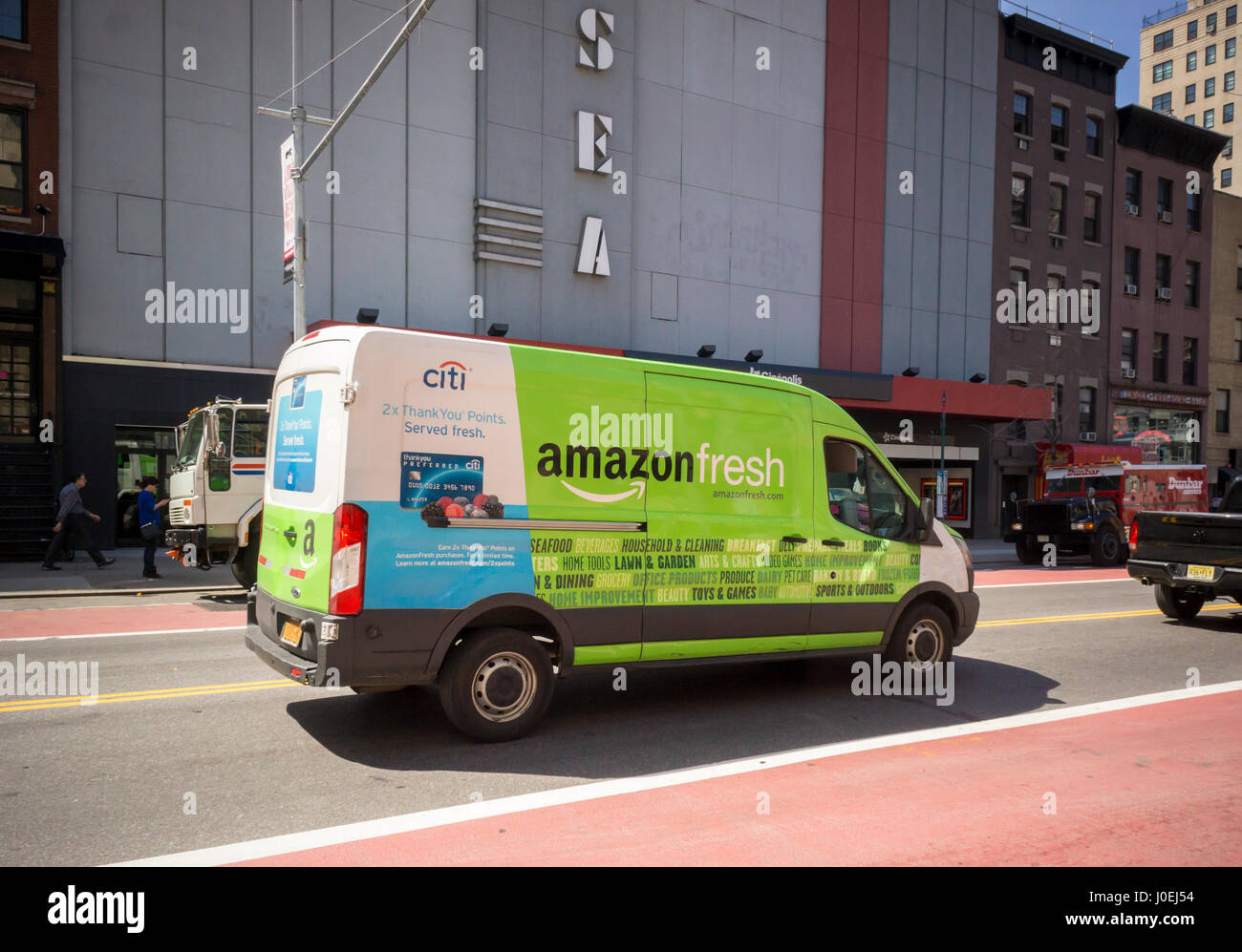 An Amazon Fresh grocery delivery service van in Chelsea in New York on  Tuesday, April 11, 2017. Online grocery deliveries is considered to be one  of the hottest segments of retail. (©