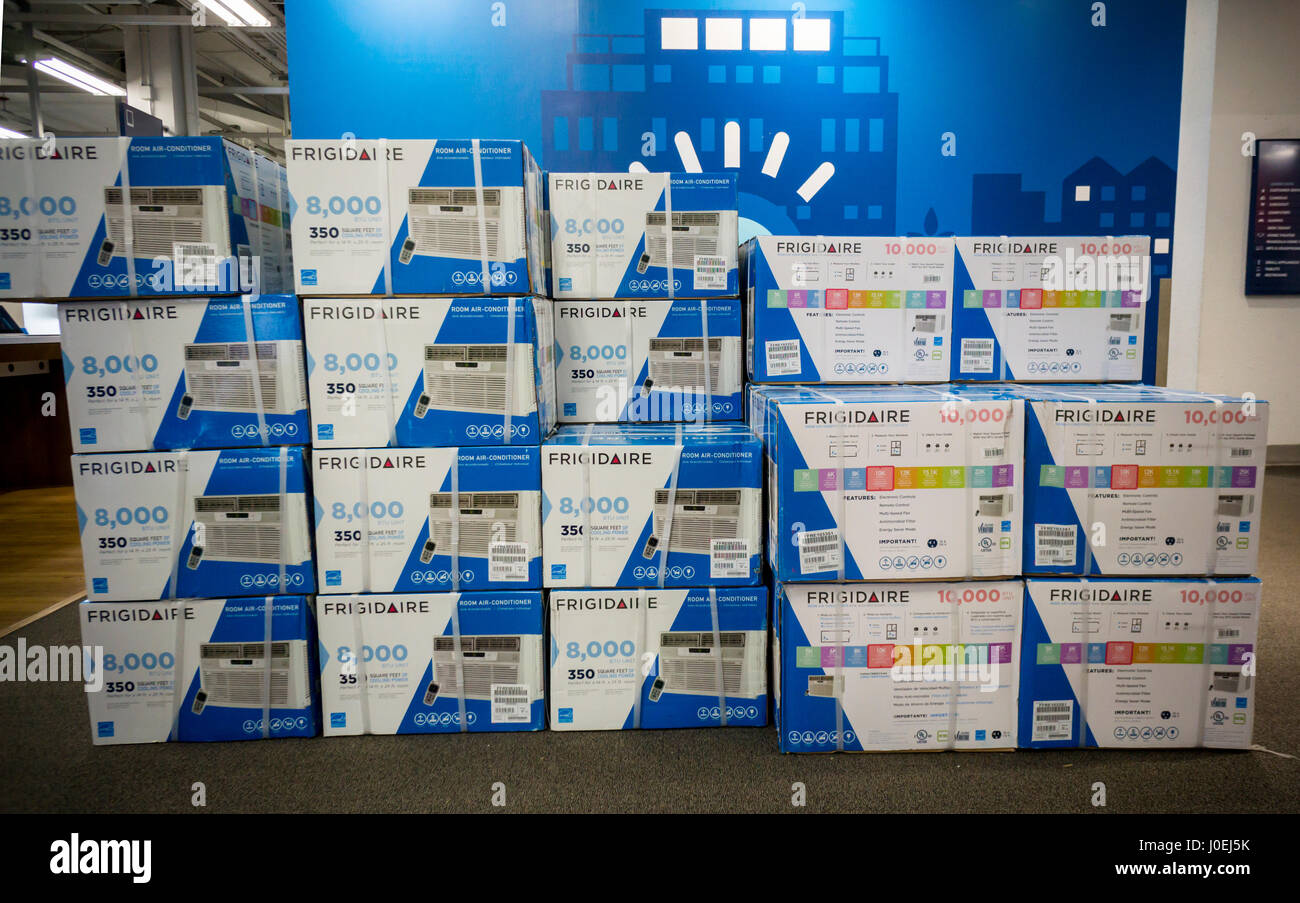 Frigidaire brand air conditioners are displayed in a Best Buy store in New York, just in time for the warm weather, on Tuesday, April 11, 2017. Temperatures in New York are expected to rise into the upper 70's, a welcome respite from winter. (© Richard B. Levine) Stock Photo