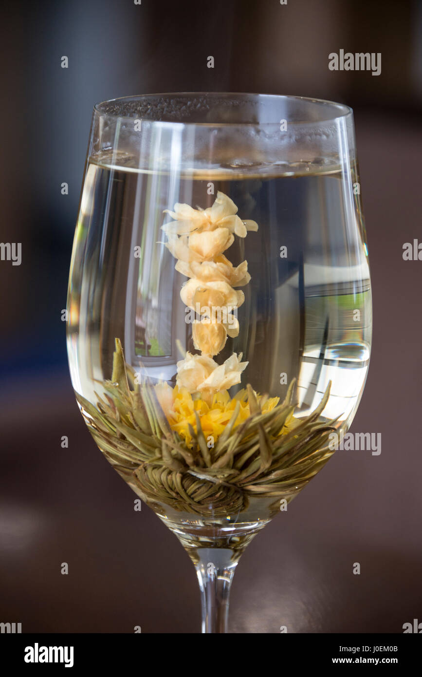 A wine glass filled with hot green tea, lily and Jasmine called