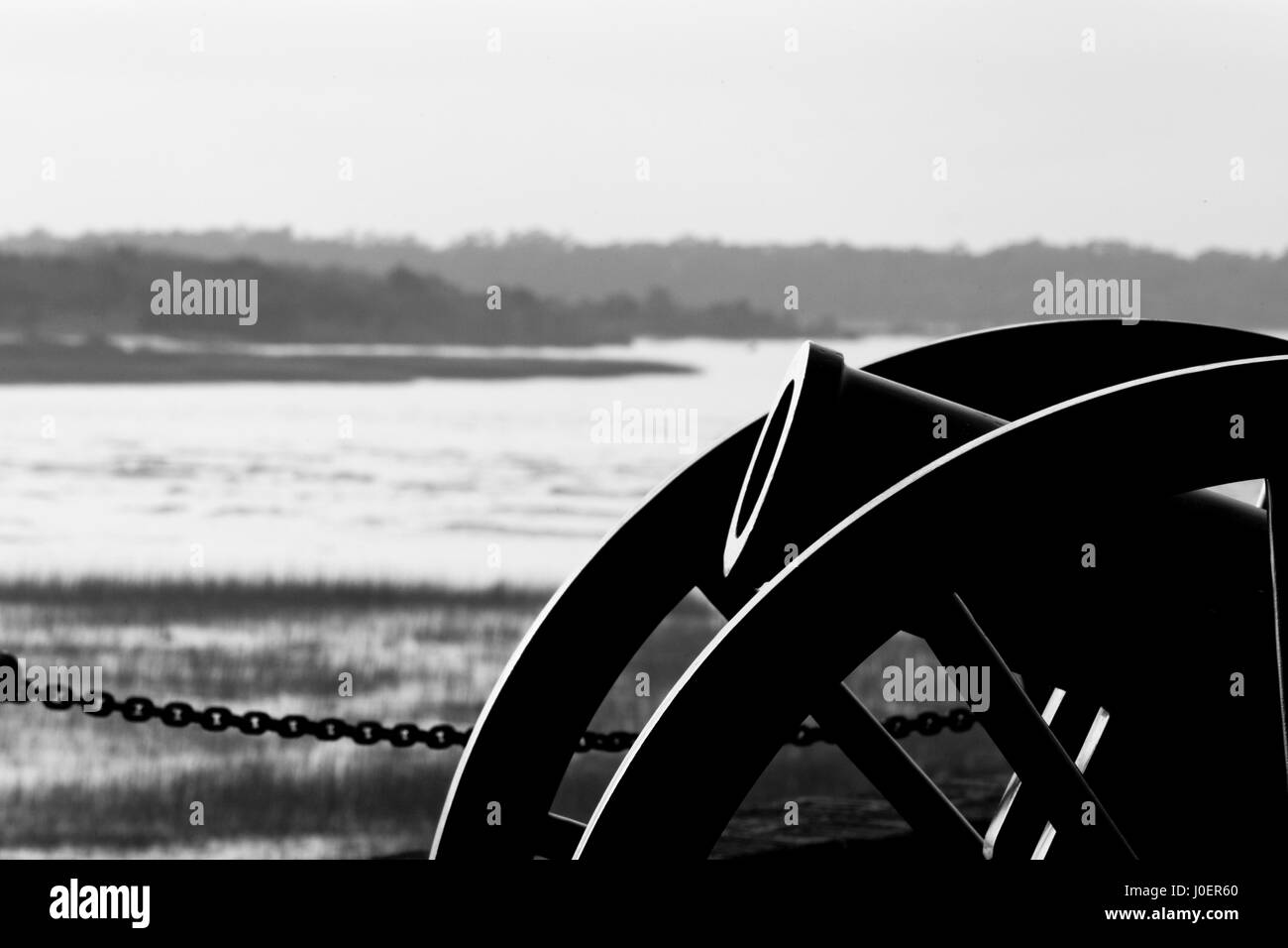 A canon from the civil war at Fort Sumter National Park in Charleston, South Carolina. (Digitally altered black and white) Stock Photo