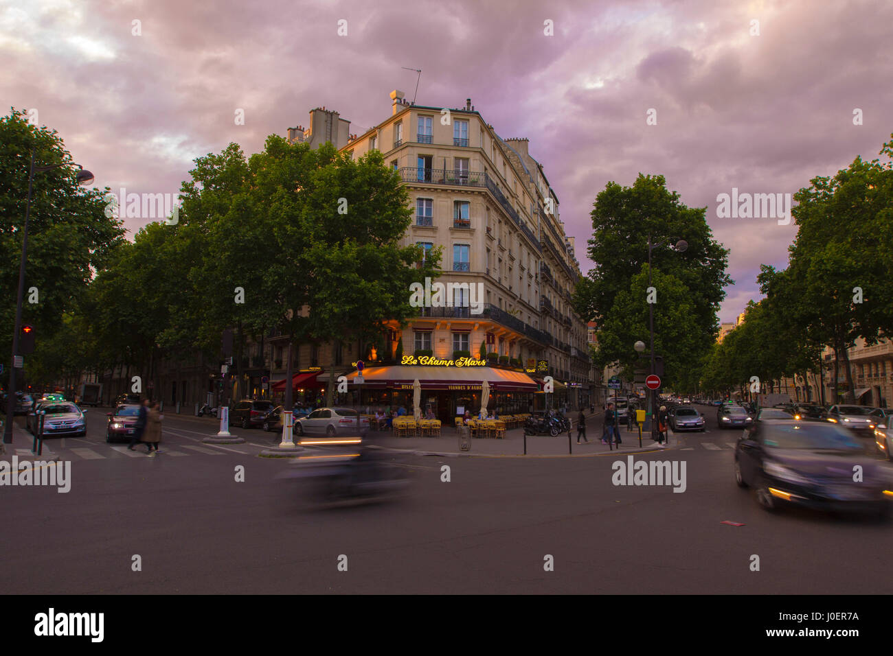 A city scene in Paris, France at dusk. Stock Photo