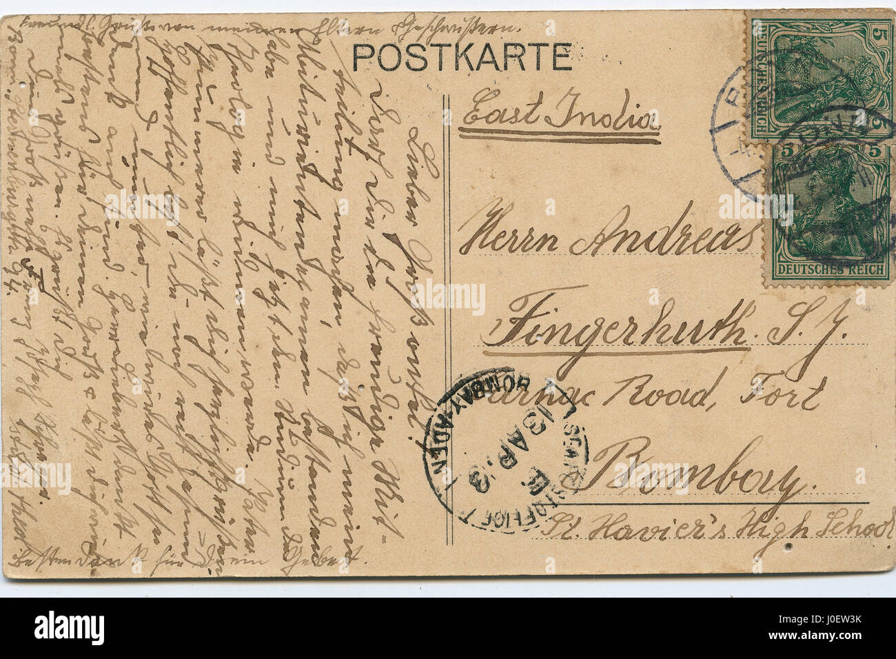 postcard from Postkarte Germany postage stamps to address in Fort Bombay India Asia Stock Photo