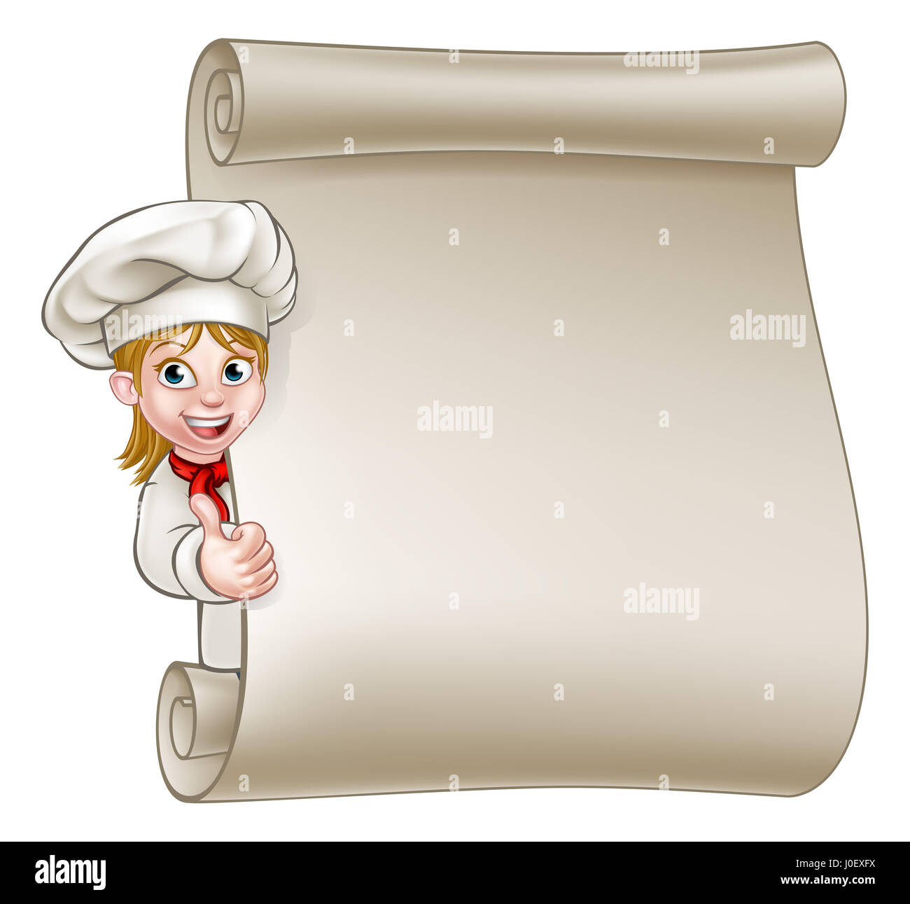 Cartoon woman chef or baker character giving thumbs up and peeking around sign or scroll menu Stock Photo