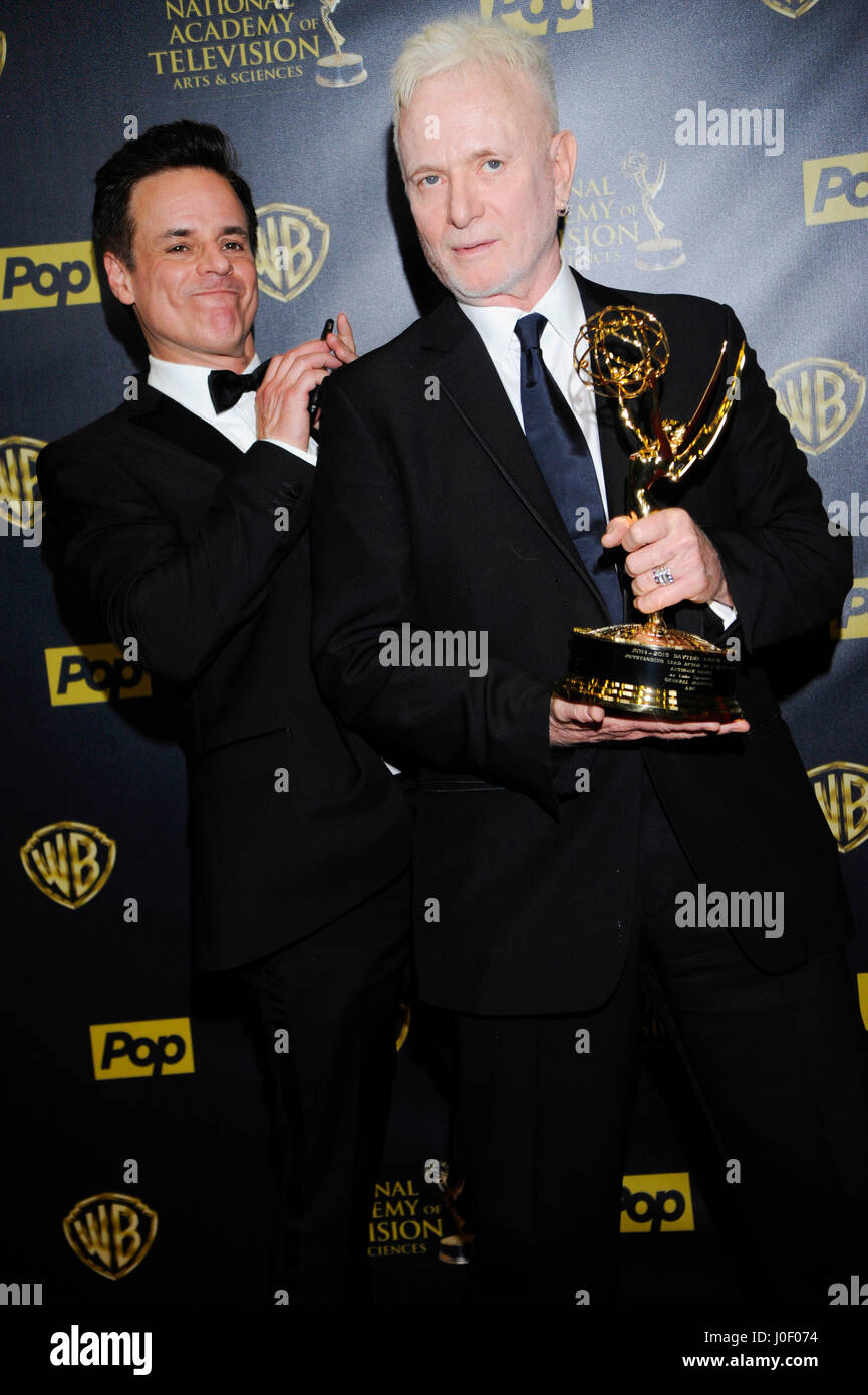 Actors Christian LeBlanc (L) and Anthony Geary, winner of the award for Outstanding Lead Actor in a Drama Series for 'General Hospital' pose in the press room at The 42nd Annual Daytime Emmy Awards at Warner Bros. Studios on April 26th, 2015 in Burbank, C Stock Photo