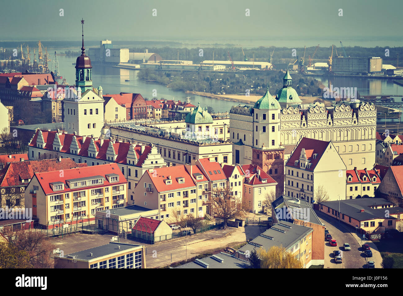Vintage stylized aerial view of Szczecin (Stettin) city downtown ...